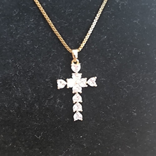 Necklace with Cross in Gold Tone and White Zircon Stones new