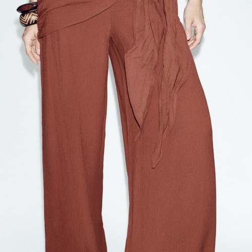 Zara pants with scarf tie, new, size L, brown and red