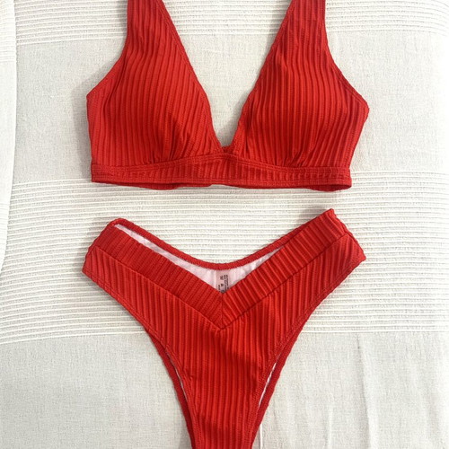 Coral high-waisted bikini with ribbed texture, medium