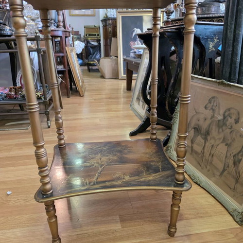 Wooden two-tier table used with hand-painted decoration