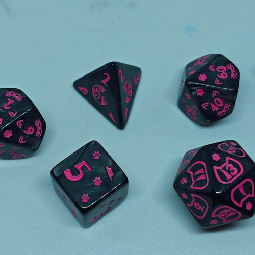 RPG Cat Lovers dice set like new, black and neon pink