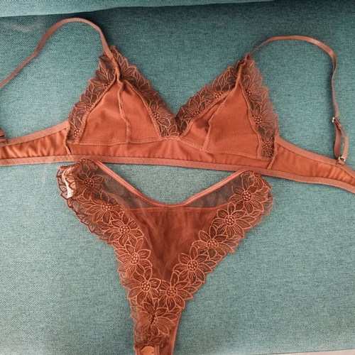 Lingerie set new, satin cognac with lace, size Small