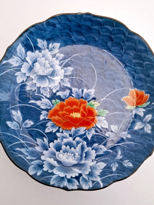 Vintage blue porcelain plate with peonies Made in Japan like new