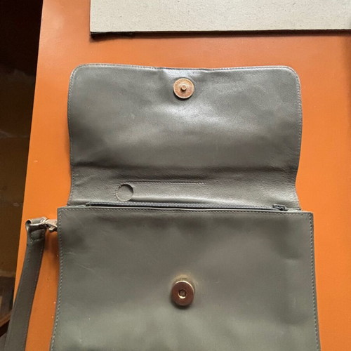 Hand wallet used, leather gray with multiple compartments