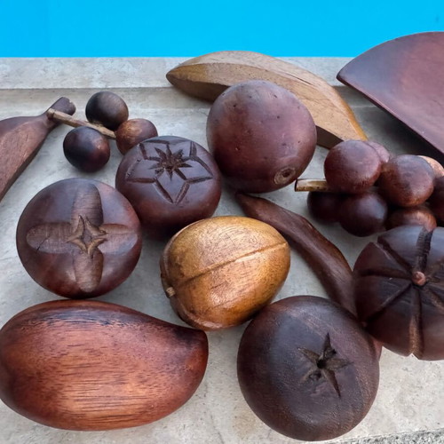 Vintage handmade wooden decorative set with wooden fruits
