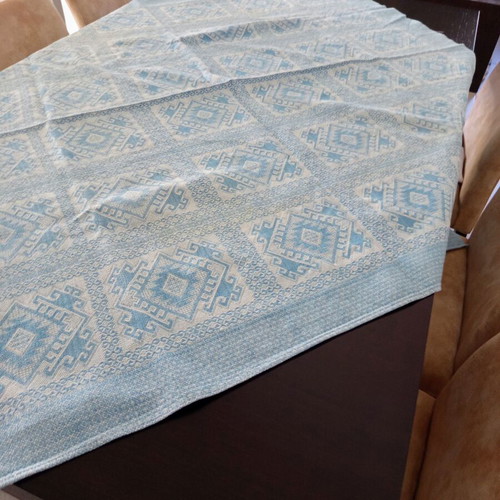 Woven Jacquard Tablecloth used, blue with geometric vintage cotton design