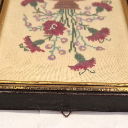Vintage handmade embroidery with flowers in wooden frame 22x18 cm like new