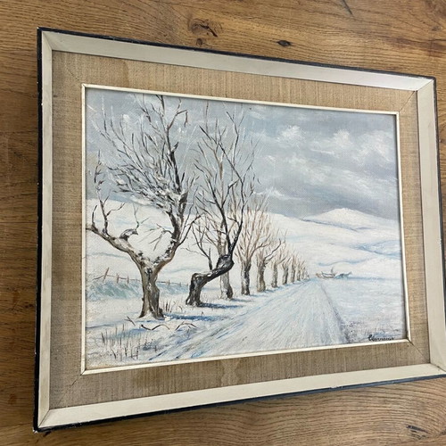 Oil painting used snowy landscape with frame and linen mat