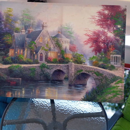 Painting 80x60 cm like new, village houses by the lake with bridge
