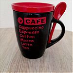  Κούπα για cappuccino με κουταλάκι και καπάκι/πιατάκι μαύρη - κόκκινη