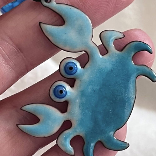 Handcrafted enamel crab pendant necklace with fixed cord, new