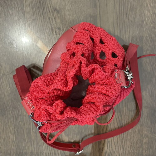 Handmade red leather and knitted pouch shoulder bag