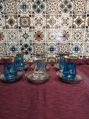 Tea glasses like new, set of 6 with silver details cobalt blue