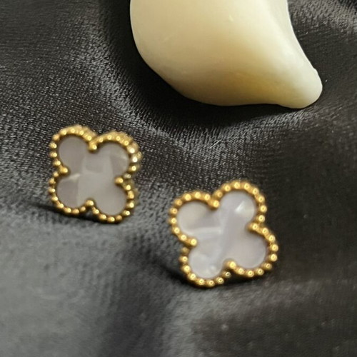 Steel earrings clover design with white enamel, new