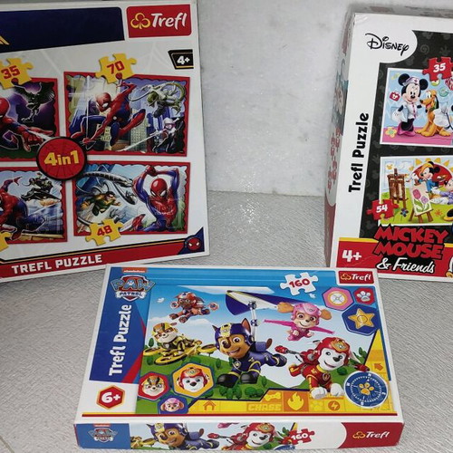 Trefl pack of 3 used children's puzzles with Spider-Man, Mickey, Paw Patrol