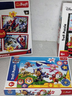 Trefl pack of 3 used children's puzzles with Spider-Man, Mickey, Paw Patrol