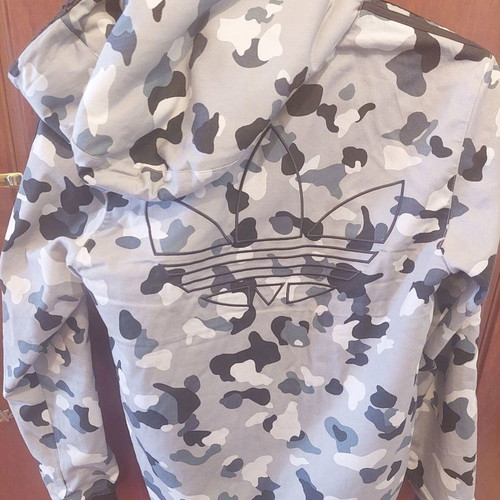 Adidas Original jacket used, black and white camo with hood and fleece lining