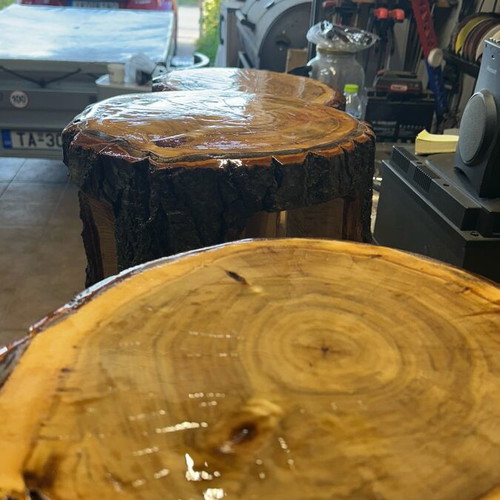 Handmade wooden stools new from tree trunk