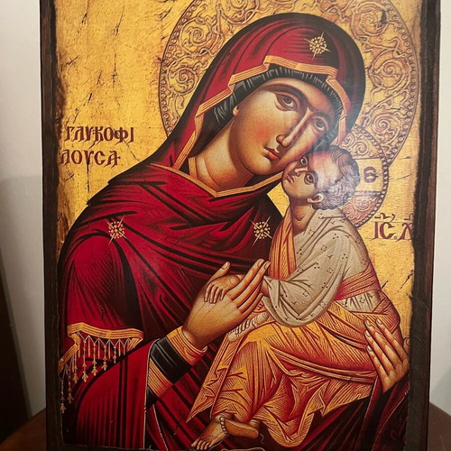 Byzantine icon of Panagia Glykofilousa 35×24 with wooden easel like new