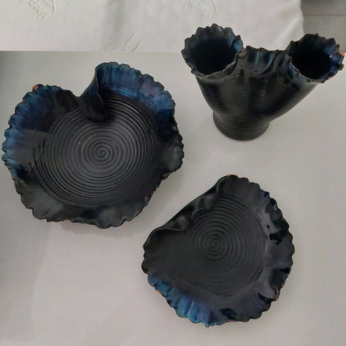 Set of 3 used clay decorative items with porcelain, blue-light blue-black