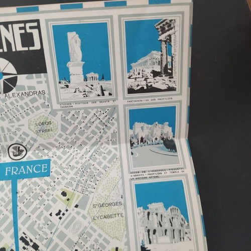 Vintage Air France Athens map by Roger Tourte, 1950s