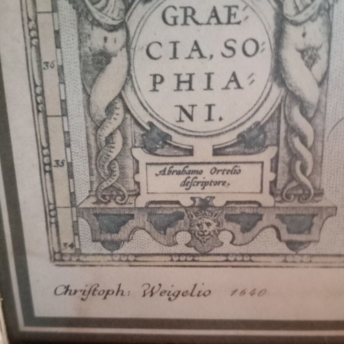 Engraving map of Greece used, wooden frame with glass 28x37