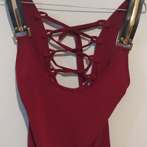 Red top with leather straps and lace-up back, one size