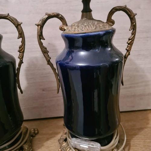 French table lamps pair used, porcelain and brass dark blue