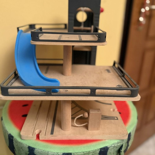 Wooden toy garage with ramp used, two levels