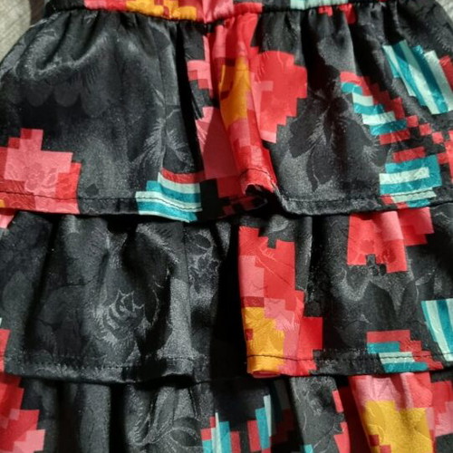 Karavan long dress like new, multicolored, with belt and unique sleeves