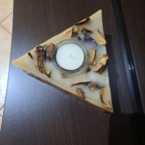 Triangle Candle with Glass Holder and Dried Leaves, Like New