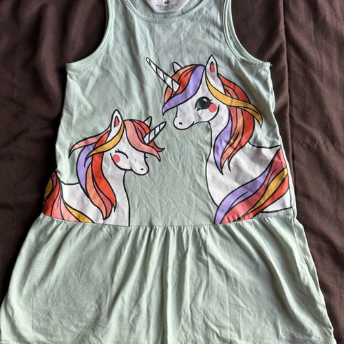 H&M summer dress with unicorn design like new, turquoise, size 2-4 years