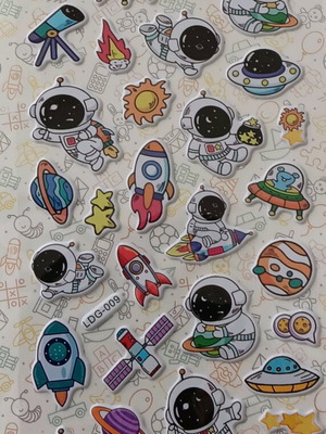 Space-themed pencil case and stickers new, includes metal piggy bank