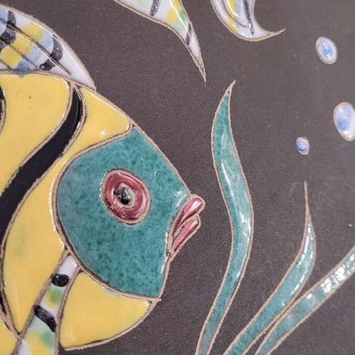 Rushka vintage decorative plate with embossed colorful fish like new