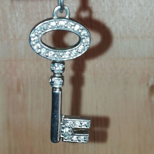 Steel necklace charm key silver color with clear zirconia new