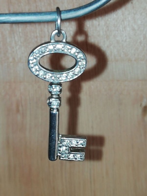 Steel necklace charm key silver color with clear zirconia new