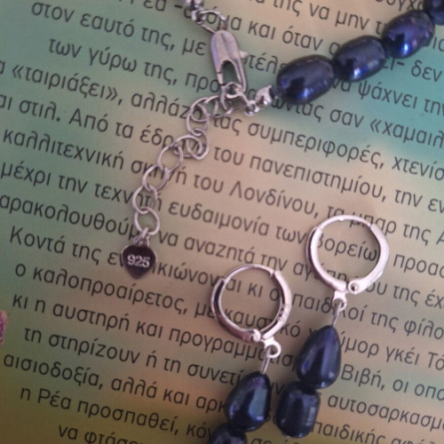 Earrings with black pearls, silver 925 hoops