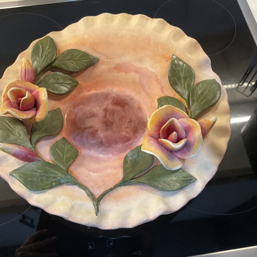 Handmade ceramic platter 33 cm, like new, hand-painted roses