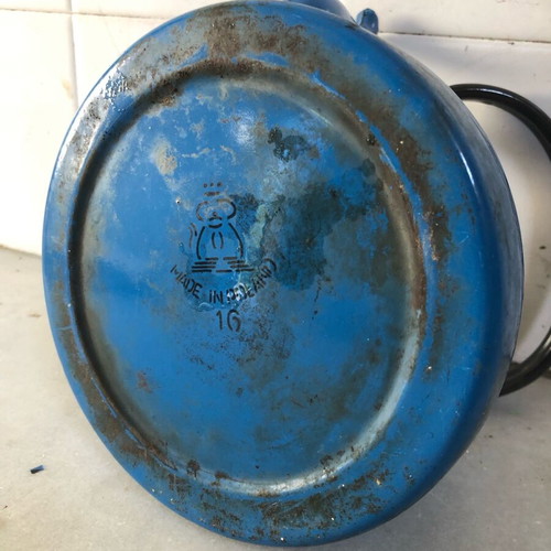 Enamel cookware set used, teapot and pot