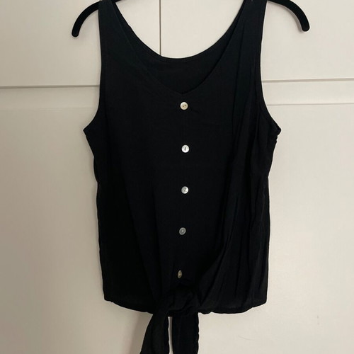 Sleeveless top with decorative buttons and tie, black, used