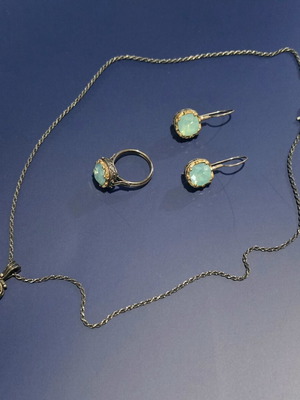 Jewelry set with semi-precious stone, like new, ring size 54
