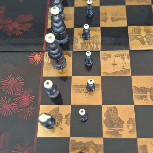 Vintage handmade chess and backgammon set 1960s mahogany and olive used