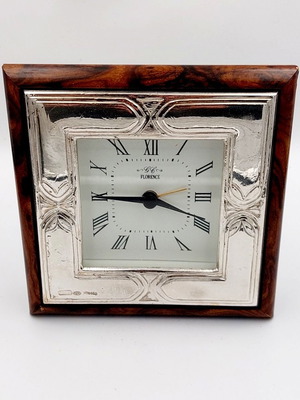 Wooden square clock with silver frame used, analog tabletop
