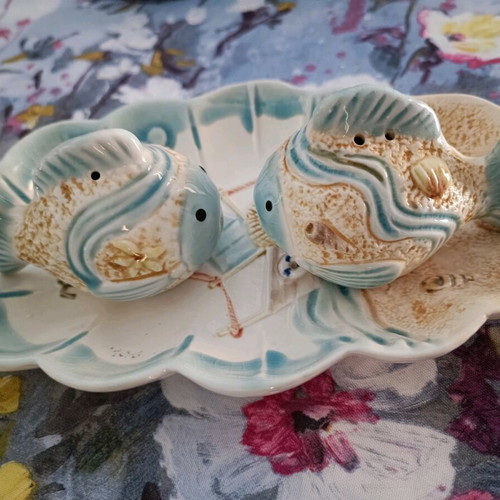 Vintage ceramic salt and pepper set with fish design like new