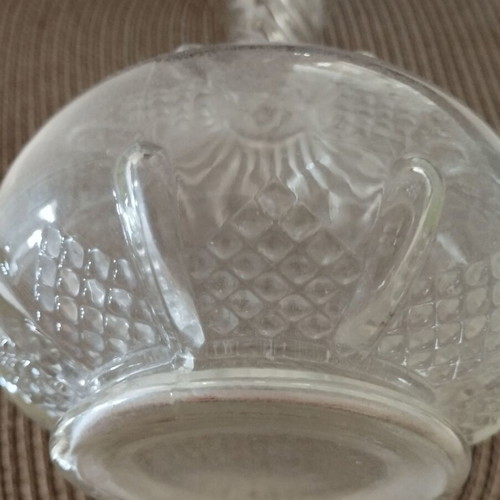 Carafe antique glass with decorative designs and original stopper, used