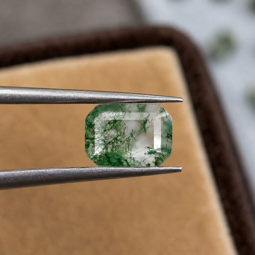 Moss Agate 6×8mm Emerald Cut 1.14ct new, for ring or pendant