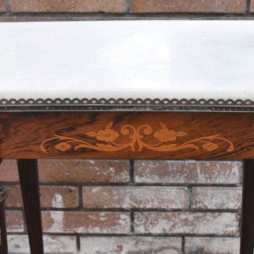 French vintage side tables used, pair with marble and marquetry