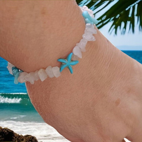 Handmade bracelet with quartz, coral, hematite semi-precious stones new