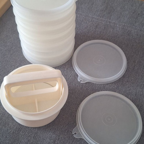 Tupperware hamburger set 6 containers with lid and press, like new, collectible old color
