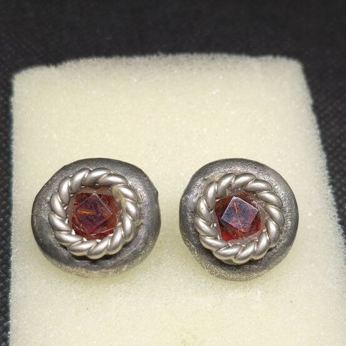 Vintage silver clip-on earrings with red crystal, like new